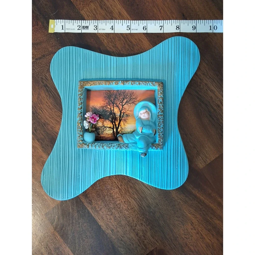 Vintage Open-Book Plaques Aqua Blue Mid Century Modern Oriental Pair 3D Wall Art